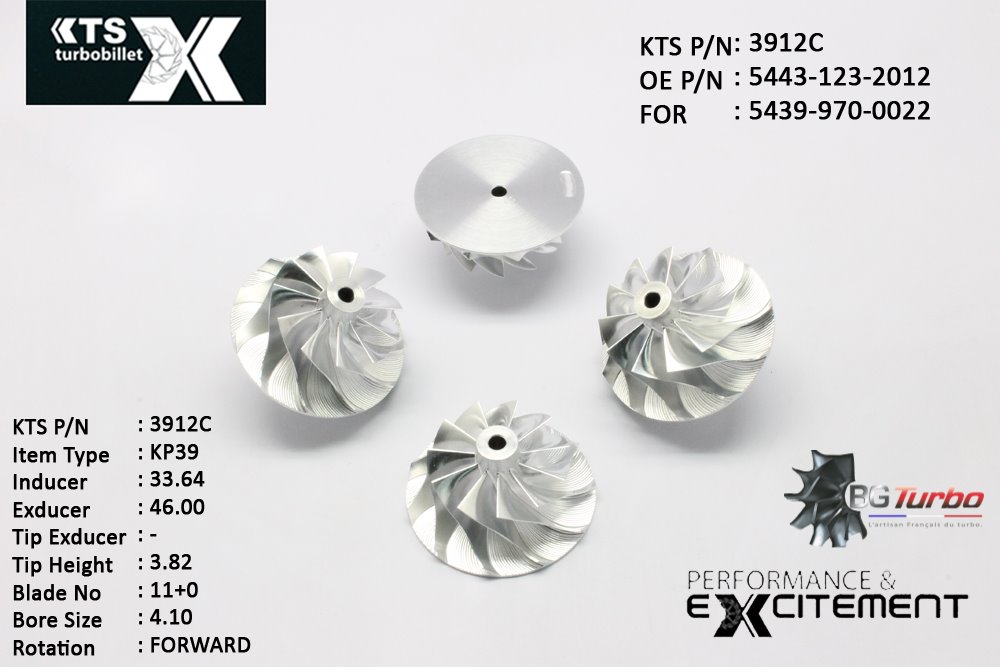 Turbo ROUE FORGÉE MFS PERFORMANCE - 11+0 PALES - INDUCER : 33,64 - EXDUCER : 46 - TYPE : KP39ANGLE : 40° - ROTATION : Forward - SUPER BACK : 0 - BORE SIZE : 4,1
